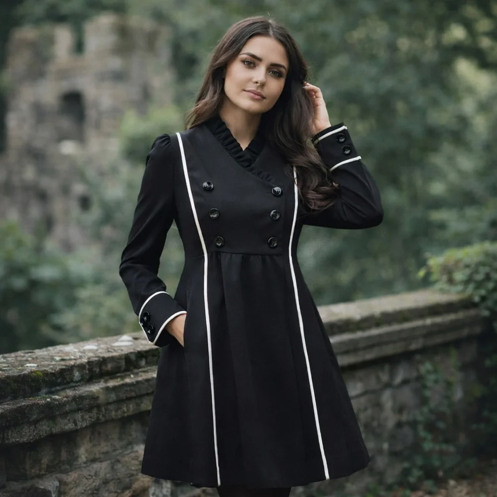 Betsey Johnson Black Dress Coat White Piping Princess Structured Size 10 - Picture 1 of 13